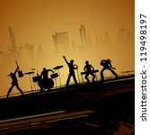 illustration of band of musician performing on cityscape backdrop