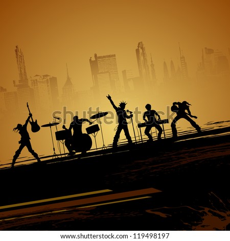 illustration of band of musician performing on cityscape backdrop