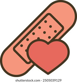 Illustration of bandage with heart, symbolizing care and affection.