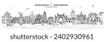 Illustration of Bangalore famous landmarks, Bangalore Skyline with Historic Buildings black and white line Vector.