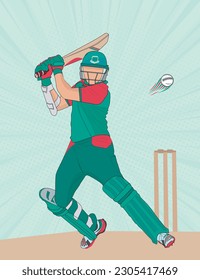 illustration of Bangladesh batsman playing cricket vector, Batsman In Playing Action On Abstract vector