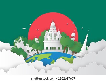 Illustration Of Bangladesh And Famous Landmark, Paper Art Stlye