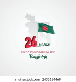 Ilustración del Día de la Independencia de Bangladesh con banderas ondeando, mapas y pájaros en el cielo. Arte vectorial del Día Nacional de Bangladesh, 26 de marzo.