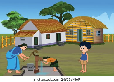 Illustration of a Bangladeshi village with two huts and a beautiful family in a serene rural background