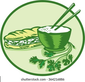 Illustration of banh mi rice bowl with chopstick coriander and meat-filled sandwich on the side set inside circle on isolated background done in retro style. 