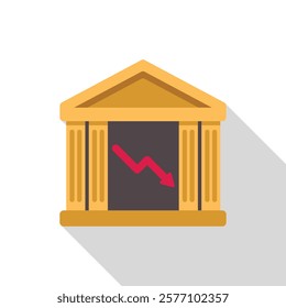 Illustration of a bank going bankrupt with a red arrow pointing down representing financial crisis