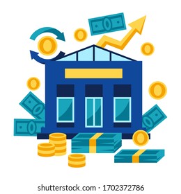 Illustration of bank and money. Banking concept with finance items.