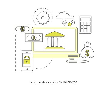 Illustration of a bank on a desktop computer screen. Online banking concept. 