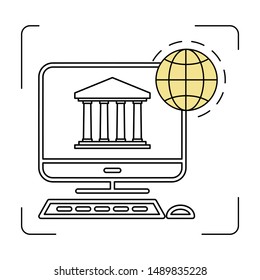 Illustration of a bank on a desktop computer screen. Online banking concept. 