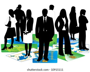 Illustration of banking cards and people