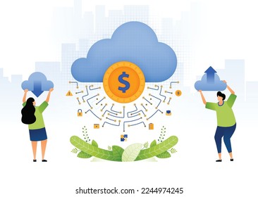 Illustration des Bankensystems mit Cloud. Menschen entwickeln Cloud-Upload und Download für Transaktionen, Finanzierungen, Darlehen, Investitionen. kann für Web, Website, Plakate, Apps, Broschüren verwendet werden