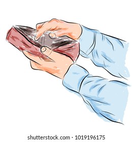 Illustration for Bankrupt, Man Opening His Empty Wallet, watercolor effect 