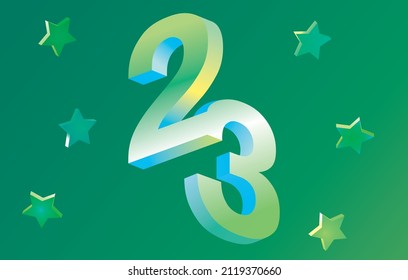 Illustration banner for 23 February, military background with stars and volumetric number 23 