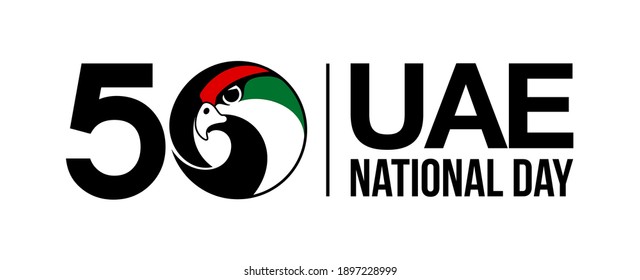 illustration banner 50 UAE national day symbol with falcon head icon in the flag colors. Spirit of the union United Arab Emirates 50 National day banner. 2 December Anniversary Celebration Card 2021