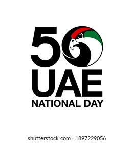 Illustrationsbanner 50 Nationaltagssymbol der VAE mit Falkenkopfsymbol in den Flaggenfarben. Spirit of the Union United Arab Emirates 50 National Day Banner. Jubiläumsfeier 2021