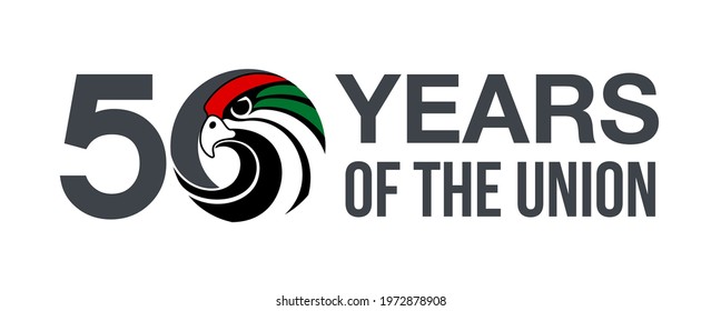 illustration banner 50 UAE national day symbol with falcon head icon in the flag colors. Spirit of the union United Arab Emirates 50 National day banner. 2 December Anniversary Celebration Card 2021