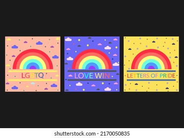 Illustration, banner, background, three patterns, with rainbows, stars and clouds in the picture. Every picture has red, orange, yellow, green, blue and purple.