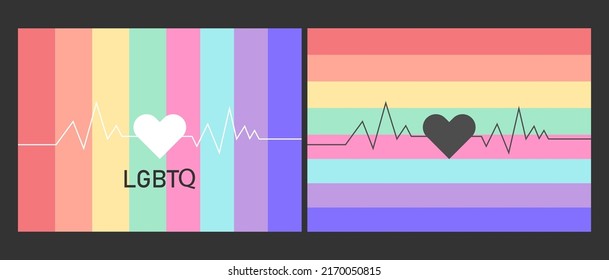 Illustration, banner, background, two formats, consisting of hearts, red, orange, yellow, green, blue, purple, cyan and pink, with words in the picture.