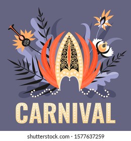 Illustration for a banner of a Brazilian carnival with a headdress decorated with feathers and precious stones on a background of exotic flowers. Vector illustration for a party invitation.