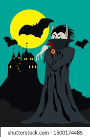 Illustration banner with cartoon vampire, moon and a castle in the background