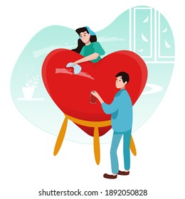 Illustration for a banner with a couple in love getting ready for Valentine's Day. Poster, greeting card, background, web banner or landing page with a couple in love. Vector illustration