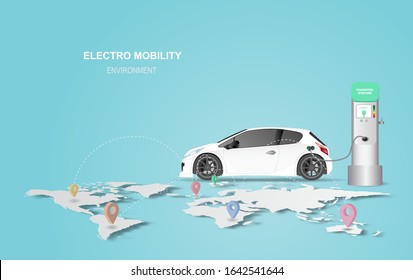 illustration banner with electric car charging station. Electro mobility environment for map location network concept.Green Clean energy transport.Creative paper art and craft style vector EPS10