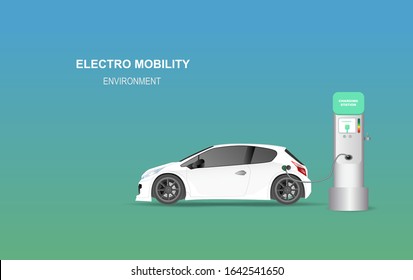 illustration banner with electric car charging station. Electro mobility environment for map location network concept.Green Clean energy transport.Creative paper art and craft style vector EPS10