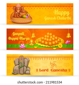 illustration of banner for Ganesh Chaturthi with text Ganpati Bappa Morya (Oh Ganpati My Lord)