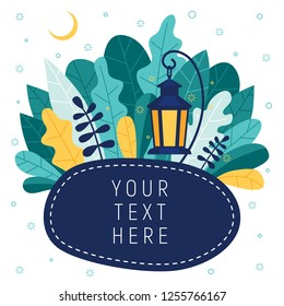 Illustration for banner or greeting card. Place for inscription on the background of colorful abstract leaves and hanging lantern