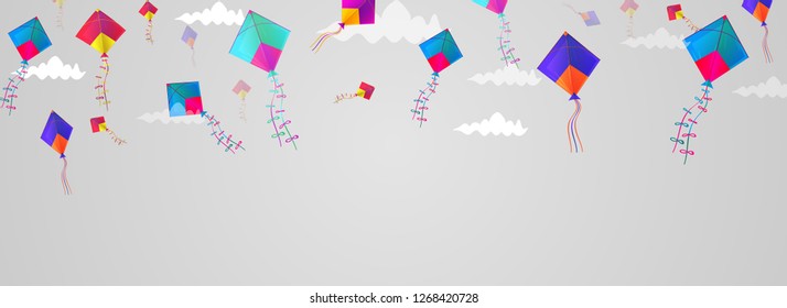Illustration Banner Of Happy Makar Sankranti. Festival Of India With Colorful Flying Kites.