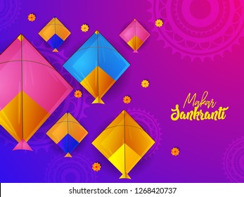 Illustration Banner Of Happy Makar Sankranti. Festival Of India With Colorful Kites.