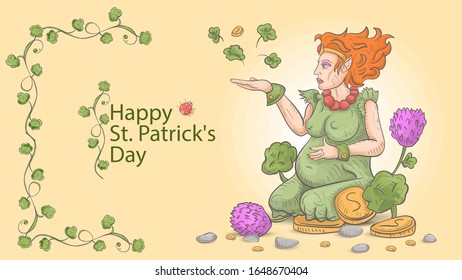 illustration of a banner, happy St. Patrick's day, Doodle-style, colored pregnant leprechaun girl, sitting on her lap among clover and gold coins