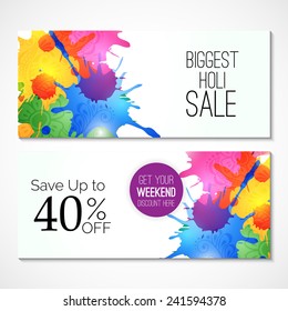Illustration of banner and header set for Holi with colorful colours splash. 