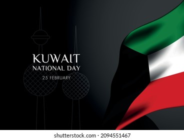 Illustration banner with Kuwait flag. The script in Arabic means: National day 60, Kuwait. Anniversary Celebration Card 25 February. Kuwait 60 Independence Day. Vector Illustration.