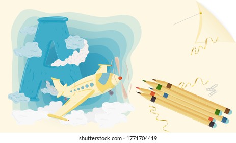 illustration of a banner layout, English alphabet for learning the alphabet, letter A, airplane on a sheet of paper with colored pencils