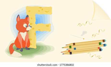 illustration of a banner layout, English alphabet for learning the alphabet, letter F, Fox on a sheet of paper with colored pencils