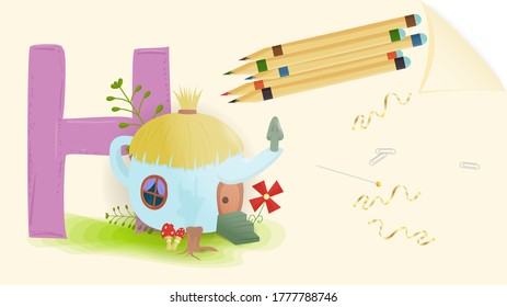 illustration of a banner layout, English alphabet for learning the alphabet, letter H, house on a sheet of paper with colored pencils