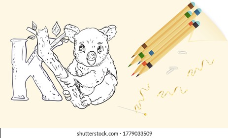 illustration of banner layout, English alphabet, for learning the alphabet, letter K, Koala bear on a sheet of paper with colored pencils, outline Doodle