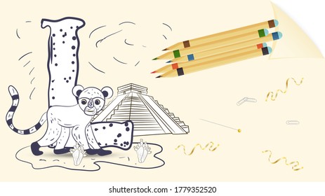 illustration of a banner layout, English alphabet for learning the alphabet, letter L, lemur on a sheet of paper with colored pencils, outline Doodle