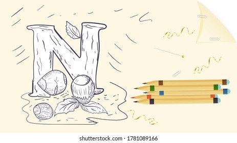 illustration of a banner layout, English alphabet for learning the alphabet, letter N, nuts on a sheet of paper with colored pencils, outline Doodle