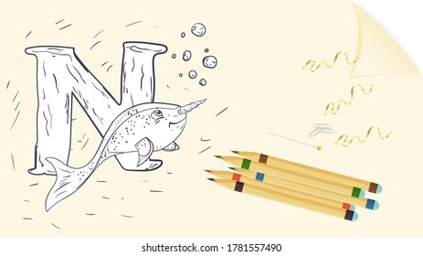 illustration banner layout, English alphabet for learning the alphabet, letter N, narwhal on a sheet of paper with colored pencils, outline Doodle