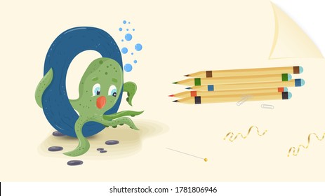 illustration of a banner layout, English alphabet for learning the alphabet, letter O, octopus on a sheet of paper with colored pencils