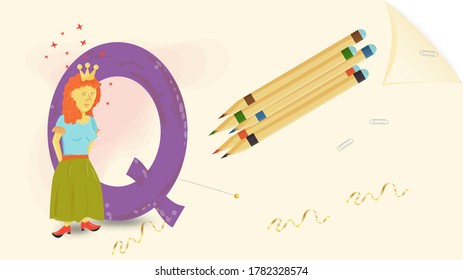 illustration of the banner layout, English alphabet for learning the alphabet, the letter Q, Queen on a sheet of paper with colored pencils