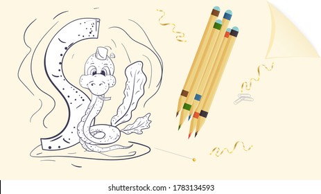 illustration of banner layout, English alphabet for learning the alphabet, letter S, Snake on a sheet of paper with colored pencils, outline Doodle