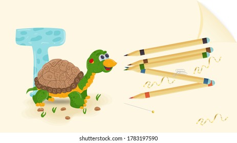 illustration of a banner layout, English alphabet for learning the alphabet, letter T, turtle on a sheet of paper with colored pencils