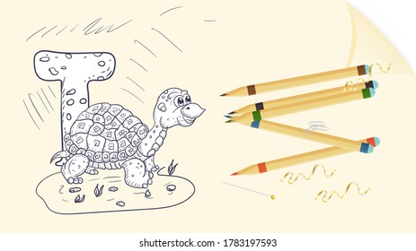 illustration of banner layout, English alphabet for learning the alphabet letter T, turtle on a sheet of paper with colored pencils, outline Doodle
