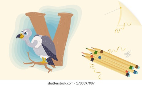 illustration of banner layout, English alphabet for learning the alphabet letter V, vulture leaf paper with colored pencils