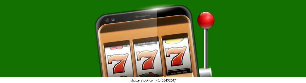 Illustration banner of mobile online casino application with 777 big win slot machine. Realistic advertising poster with online mobile app casino and Jackpot 777. Play now in One Armed Bandit banner
