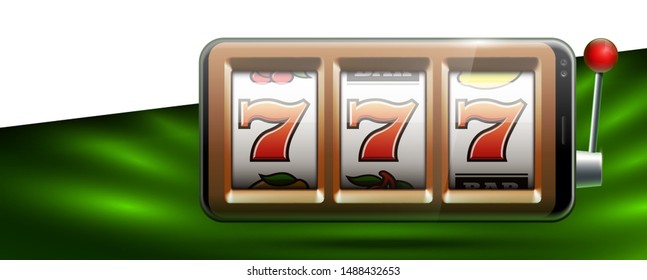 Illustration banner of mobile online casino application with 777 big win slot machine. Realistic advertising poster with online mobile app casino and Jackpot 777. Play now in One Armed Bandit banner
