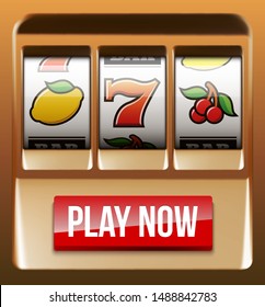 Illustration banner of mobile online casino application with 777 big win slot machine. Realistic advertising poster with online mobile app casino and Jackpot 777. Play now in One Armed Bandit banner